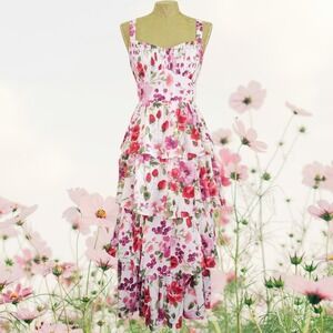 Abercrombie Fitch Maxi Tiered Ruffle Dress SP Pink Multi Floral Strappy Flirty